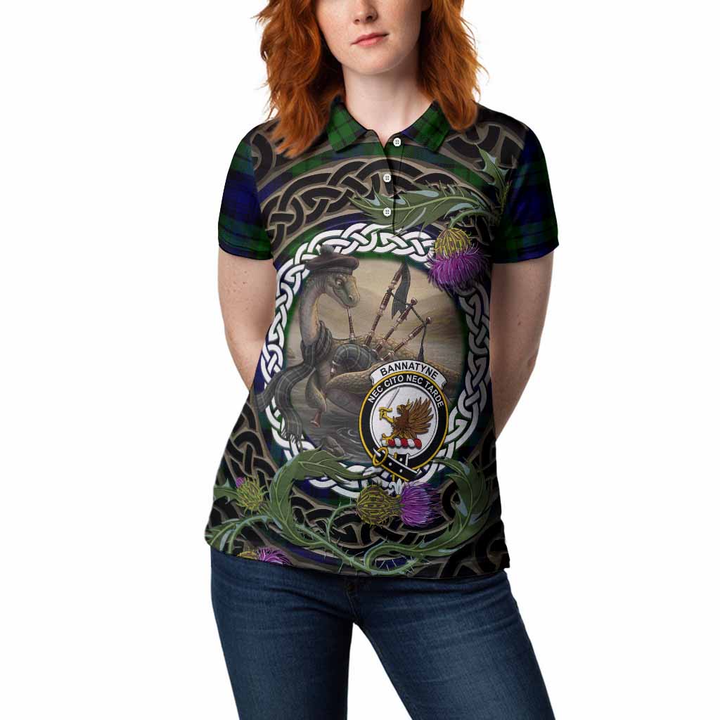 Bannatyne Tartan Crest Bagpipe Nessie Women Polo Shirt Scottish Loch Ness Monster Celtic Thistle