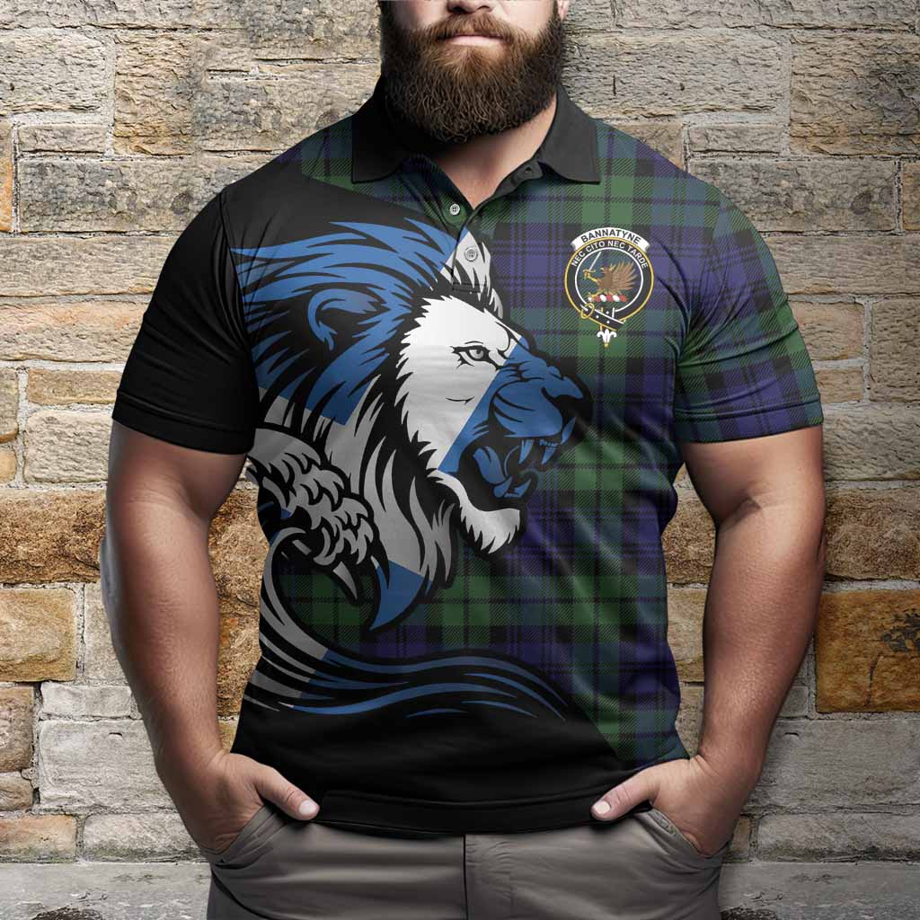 Bannatyne Tartan Crest Polo Shirt Scottish Golden Lions Wave Flow