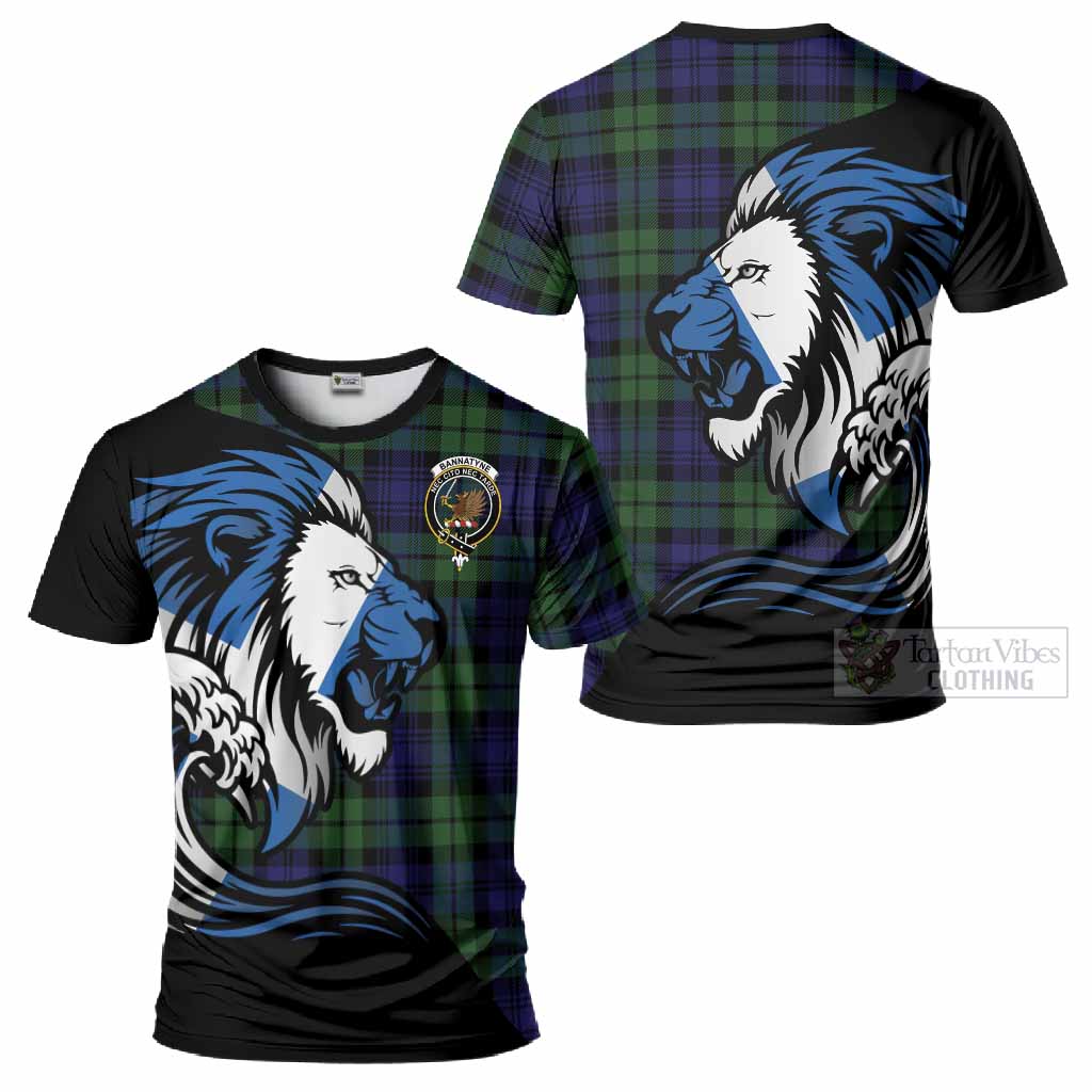Bannatyne Tartan Crest T-Shirt Scottish Golden Lions Wave Flow
