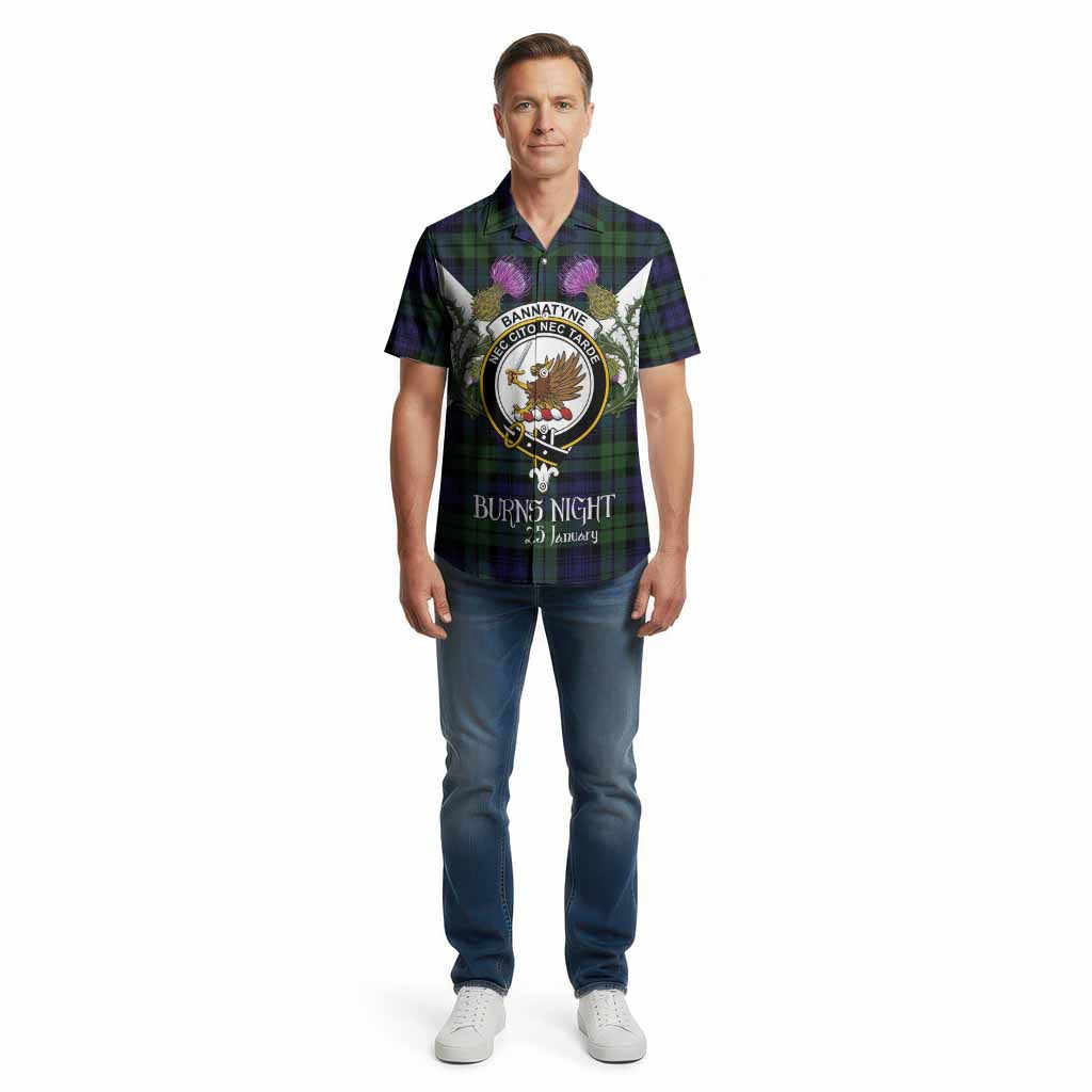 Bannatyne Tartan Family Crest Cotton Hawaiian Shirt Scottish Burns Night Thistle Floral