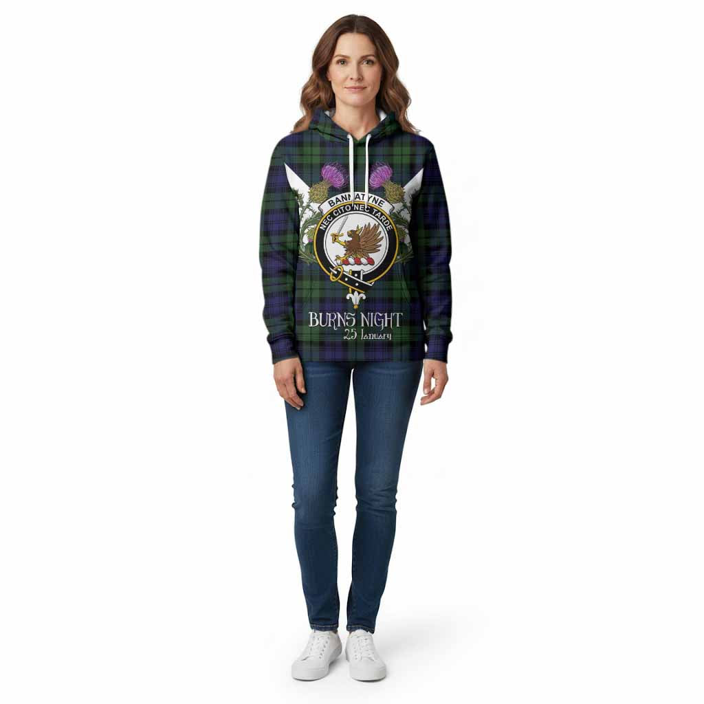 Bannatyne Tartan Family Crest Cotton Hoodie Scottish Burns Night Thistle Floral