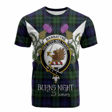 Bannatyne Tartan Family Crest Cotton T-shirt Scottish Burns Night Thistle Floral