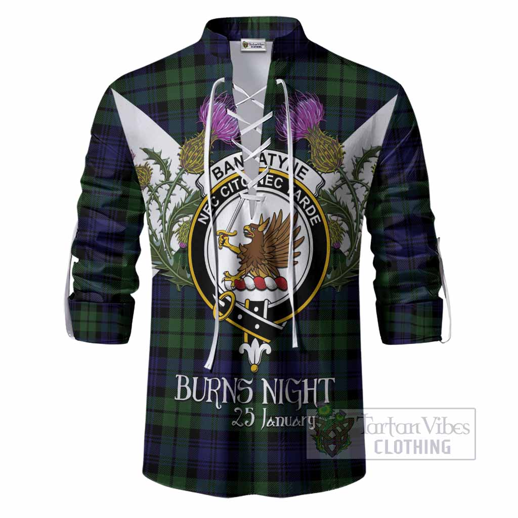 Bannatyne Tartan Family Crest Ghillie Shirt Scottish Burns Night Thistle Floral