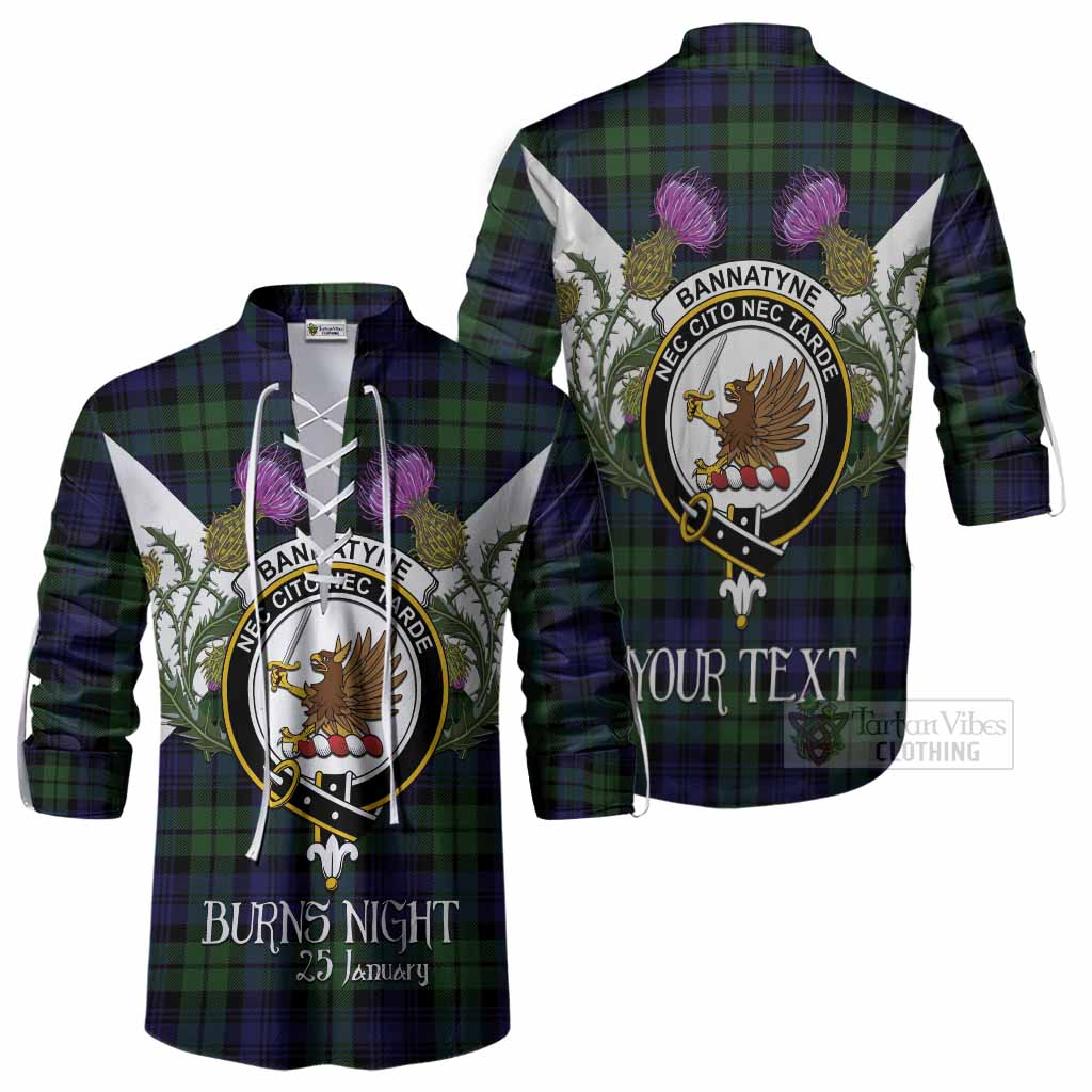 Bannatyne Tartan Family Crest Ghillie Shirt Scottish Burns Night Thistle Floral