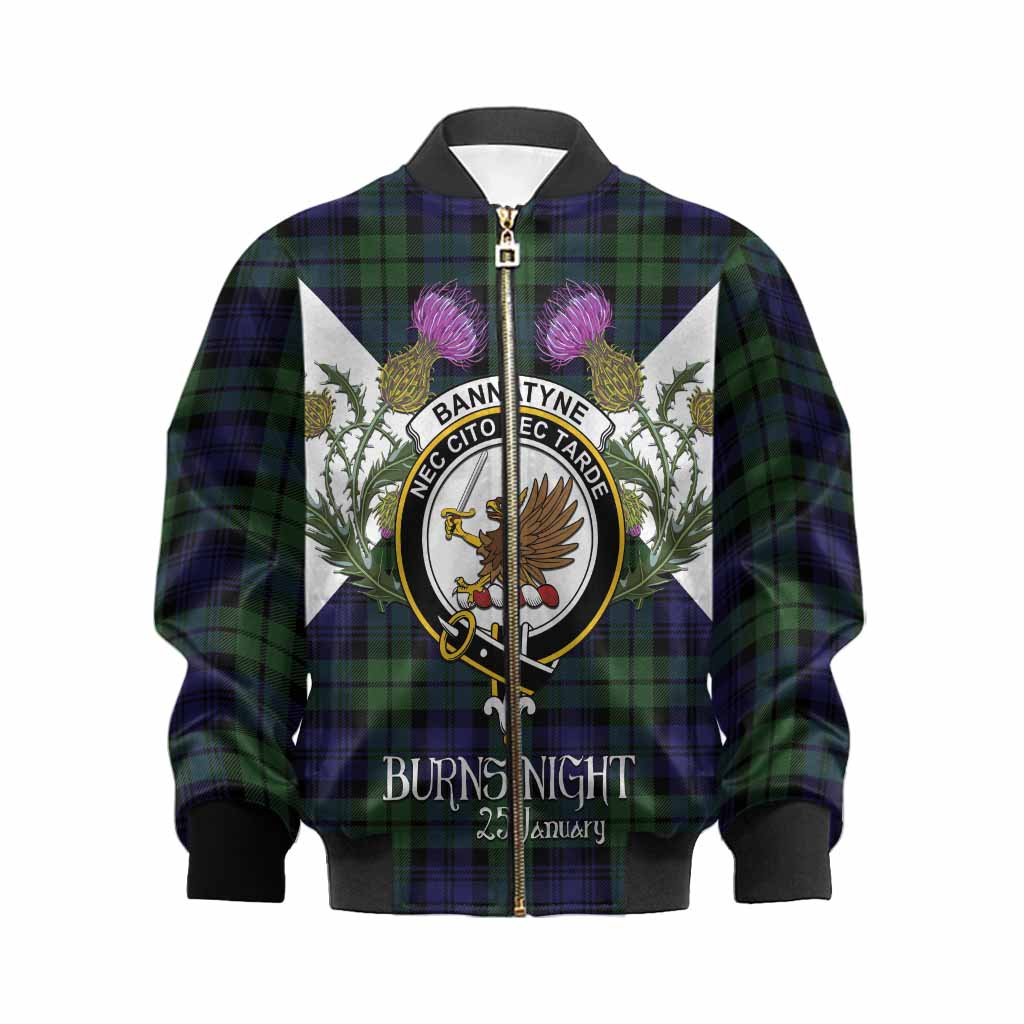 Bannatyne Tartan Family Crest Kid Bomber Jacket Scottish Burns Night Thistle Floral