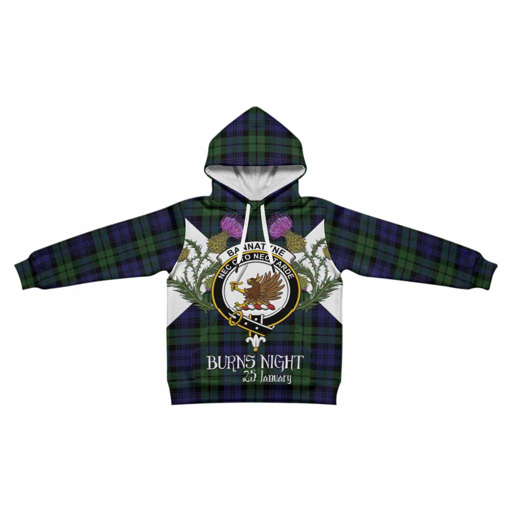 Bannatyne Tartan Family Crest Kid Hoodie Scottish Burns Night Thistle Floral