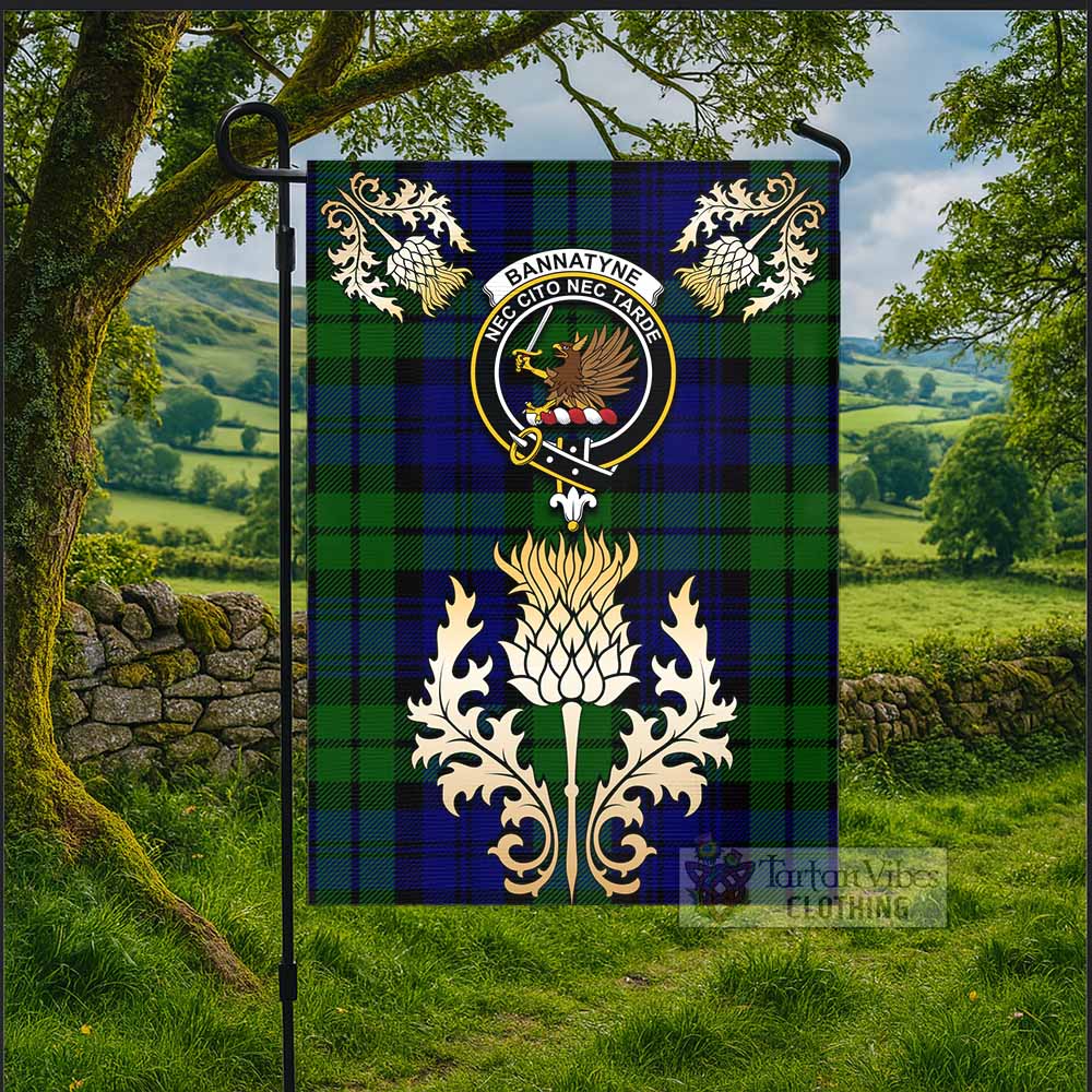 Bannatyne Tartan Garden Flag with Golden Regal Scottish Thistle Emblem - Tartan Vibes Clothing