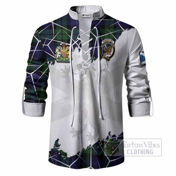 Bannatyne Tartan Ghillie Shirt with Family Crest and Lion Rampant Grunge Style