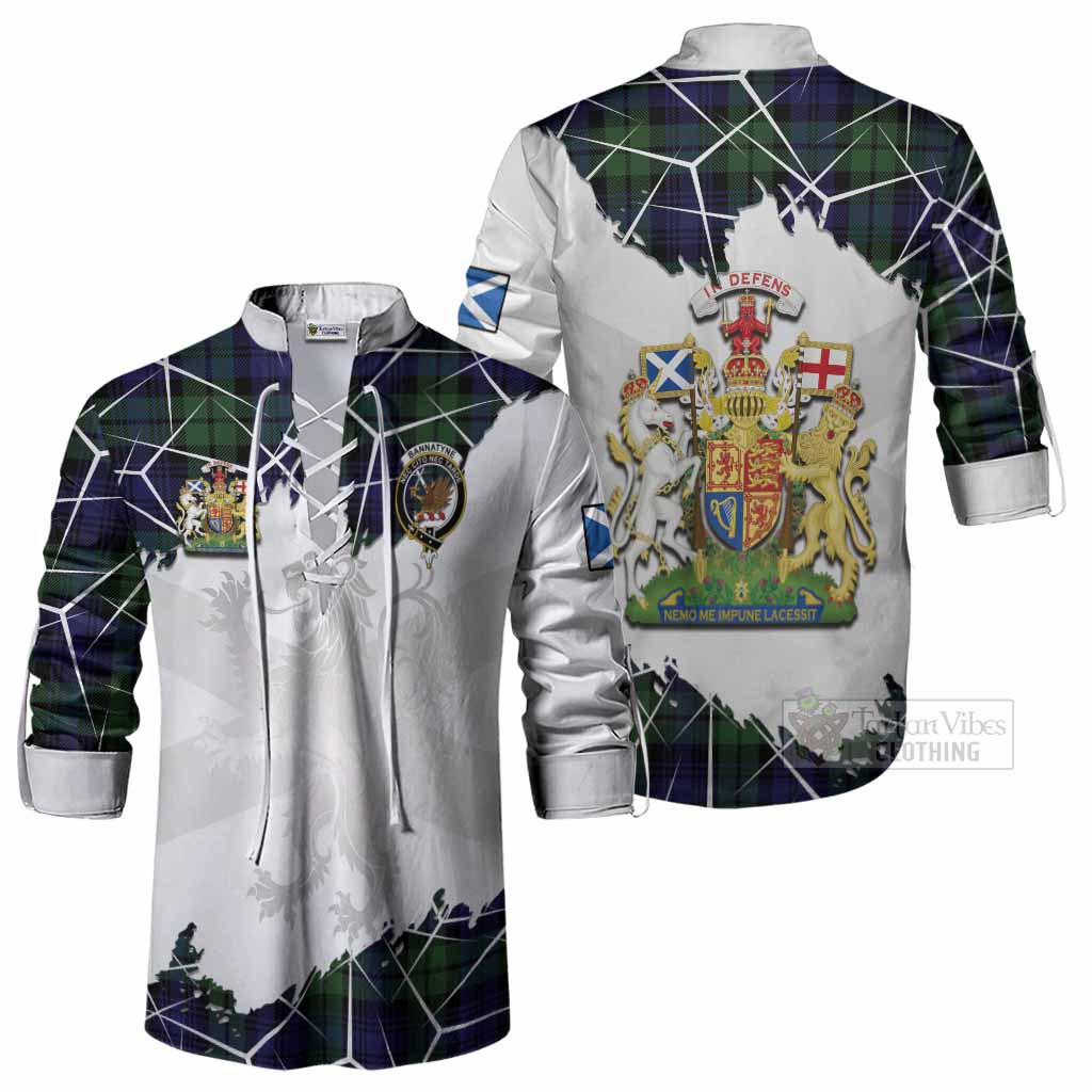 Bannatyne Tartan Ghillie Shirt with Family Crest and Lion Rampant Grunge Style
