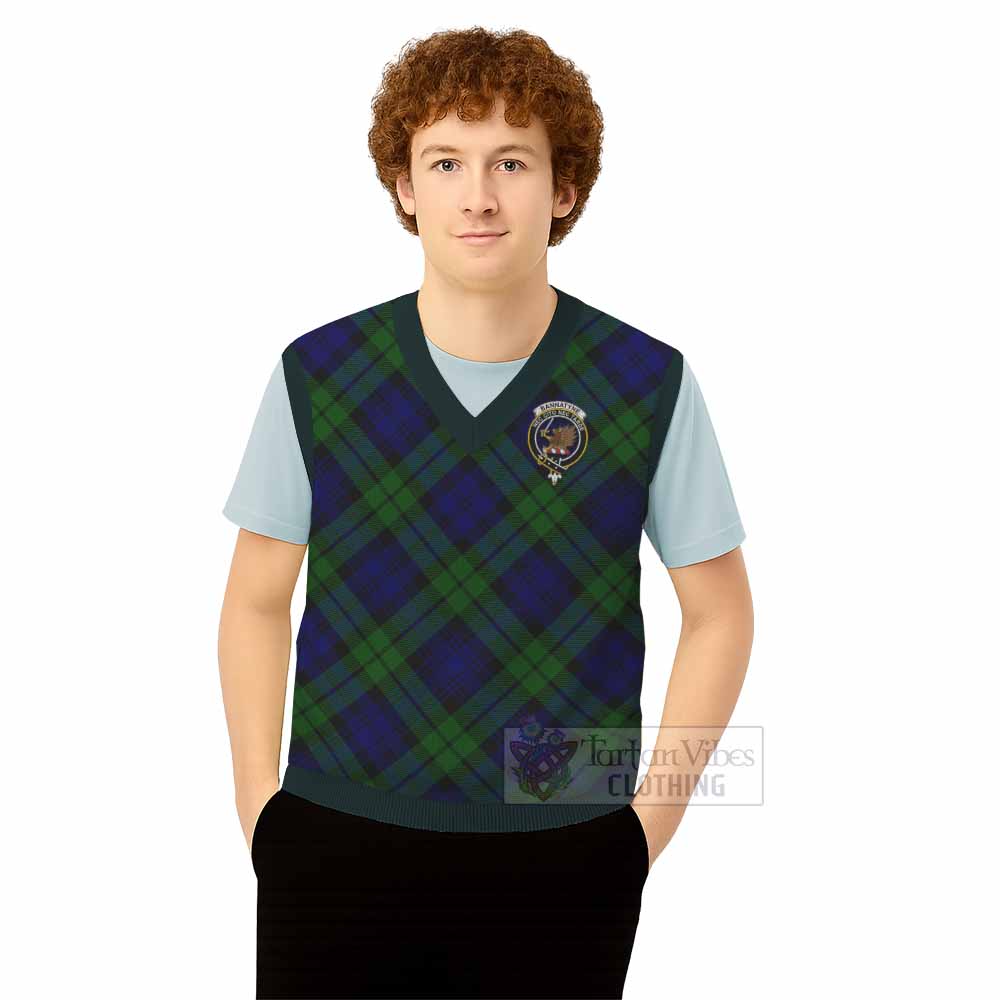 Bannerman Tartan Knitted V-Neck Vest with Family Crest Cross Style