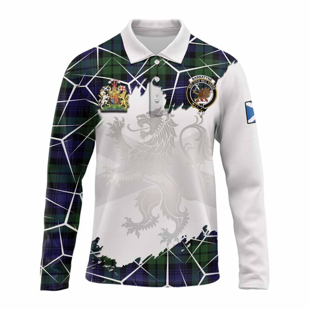 Bannatyne Tartan Long Sleeve Polo Shirt with Family Crest and Lion Rampant Grunge Style