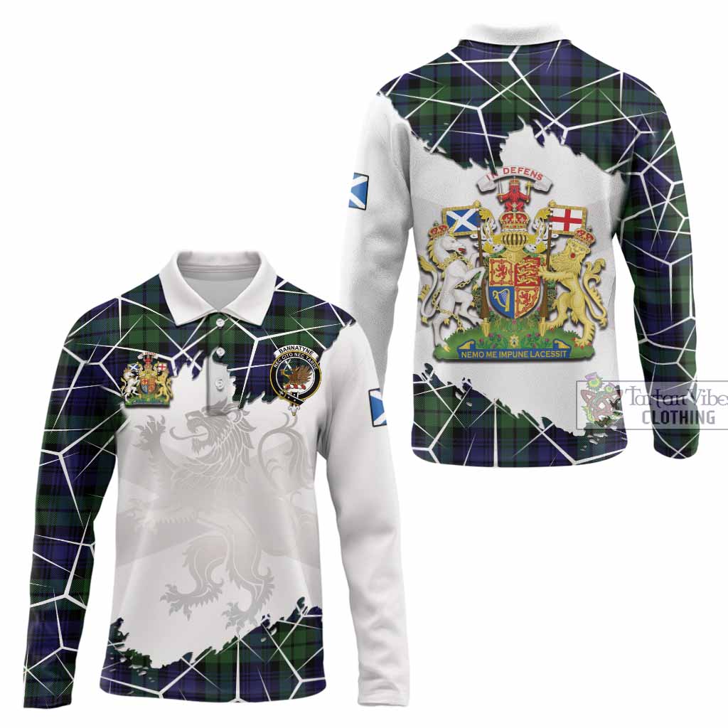 Bannatyne Tartan Long Sleeve Polo Shirt with Family Crest and Lion Rampant Grunge Style