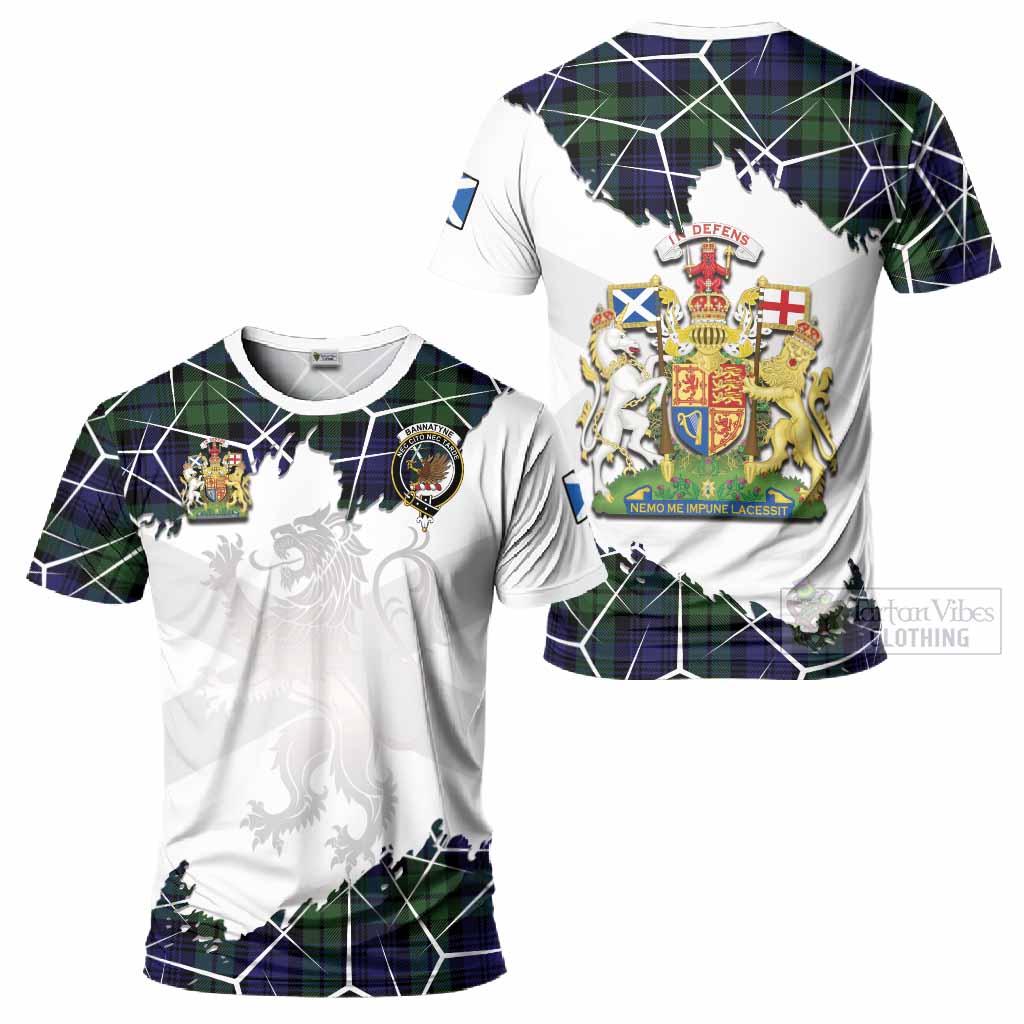 Bannatyne Tartan T-Shirt with Family Crest and Lion Rampant Grunge Style
