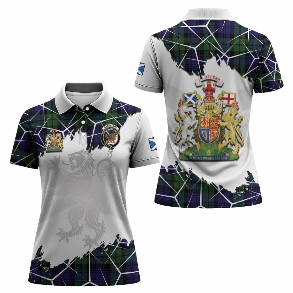 Bannatyne Tartan Women Polo Shirt with Family Crest and Lion Rampant Grunge Style