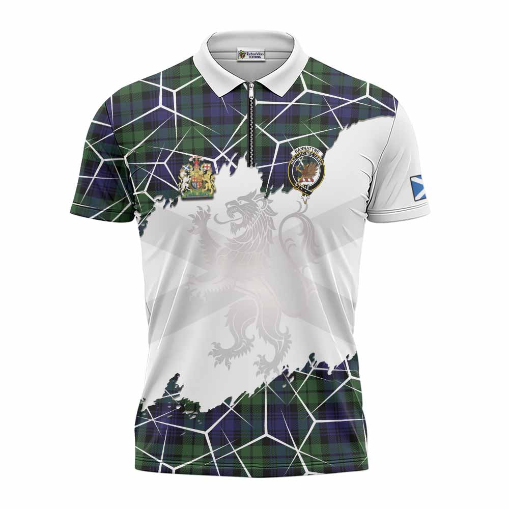 Bannatyne Tartan Zipper Polo Shirt with Family Crest and Lion Rampant Grunge Style