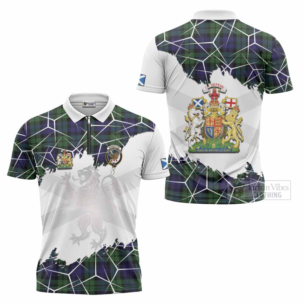 Bannatyne Tartan Zipper Polo Shirt with Family Crest and Lion Rampant Grunge Style
