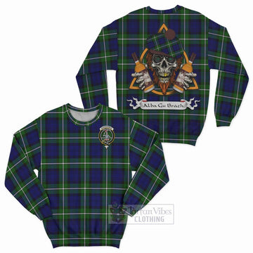 Bannerman Tartan Sweatshirt with Family Crest and Bearded Skull Holding Bottles of Whiskey Unisex - Tartan Vibes Clothing