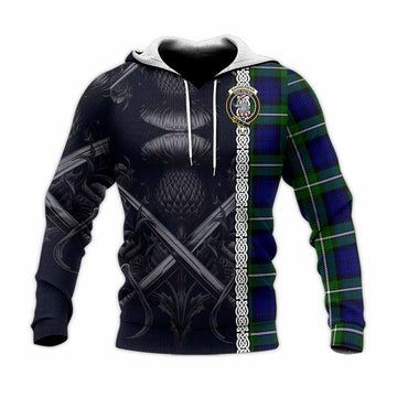 Bannerman Tartan Knitted Hoodie with Family Crest Cross Sword Thistle Celtic Vibes Unisex Knitted Pullover Hoodie - Tartan Vibes Clothing