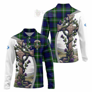 Bannerman Tartan Long Sleeve Polo Shirt with Family Crest and St. Andrew's Cross Accented by Thistle Vines Unisex - Tartan Vibes Clothing