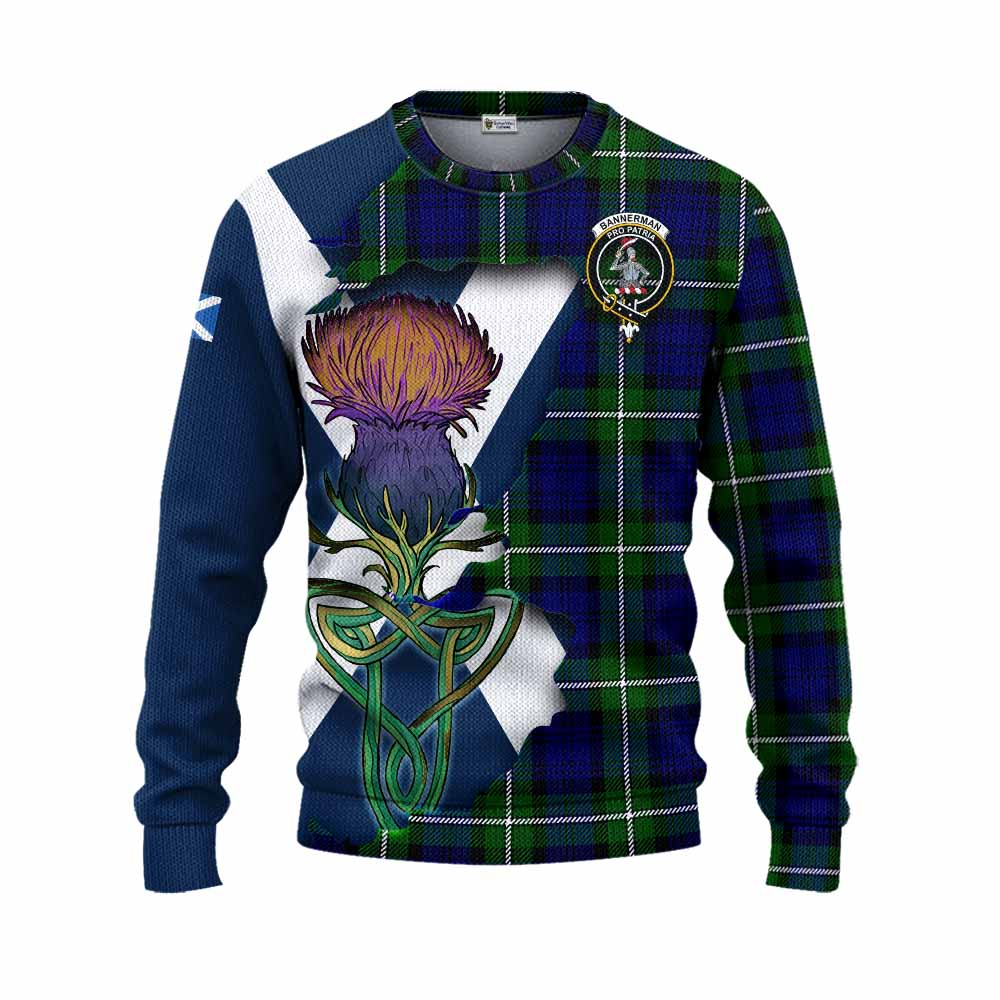 Tartan Vibes Clothing Bannerman Tartan Family Crest Knitted Sweater Scottish Thistle Celtic Inspired