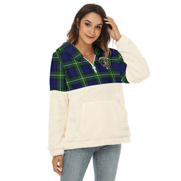 Bannerman Tartan Half Style Women's Borg Fleece Hoodie with Half Zip with Family Crest Female - Tartan Vibes Clothing