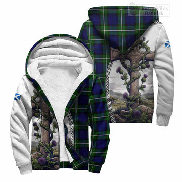 Bannerman Tartan Sherpa Hoodie with Family Crest and St. Andrew's Cross Accented by Thistle Vines Unisex S - Tartan Vibes Clothing