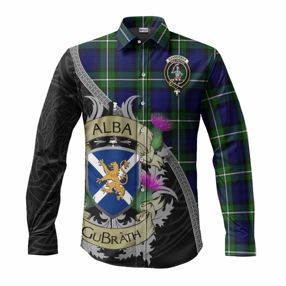 Bannerman Tartan Family Crest Long Sleeve Button Shirt Lion Rampant Royal Thistle Shield Celtic Inspired Men's Shirt S - Tartan Vibes Clothing