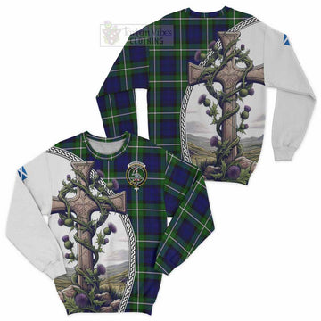 Bannerman Tartan Sweatshirt with Family Crest and St. Andrew's Cross Accented by Thistle Vines Unisex - Tartan Vibes Clothing
