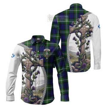 Bannerman Tartan Long Sleeve Button Shirt with Family Crest and St. Andrew's Cross Accented by Thistle Vines Men's Shirt S - Tartan Vibes Clothing