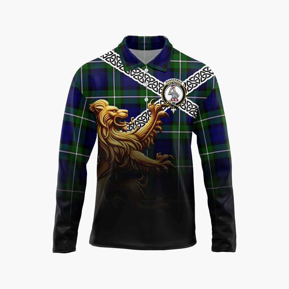 Bannerman Crest Tartan Long Sleeve Polo Shirt with Golden Lion Emblem Celtic Style Unisex - Tartan Vibes Clothing