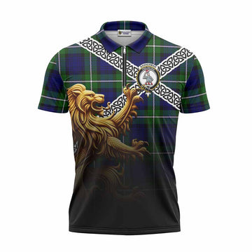 Bannerman Crest Tartan Zipper Polo Shirt with Golden Lion Emblem Celtic Style Unisex - Tartan Vibes Clothing