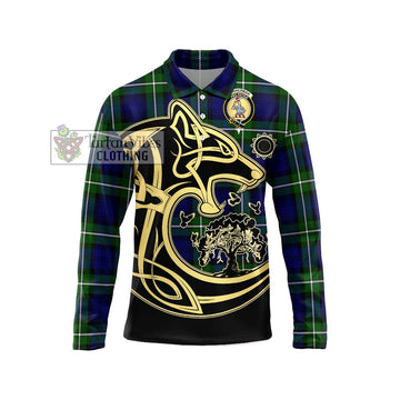Bannerman Tartan Long Sleeve Polo Shirt with Family Crest Celtic Wolf Style Unisex - Tartan Vibes Clothing