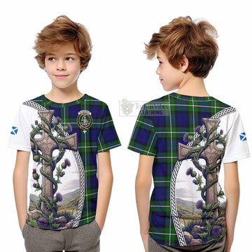 Bannerman Tartan Kid T-Shirt with Family Crest and St. Andrew's Cross Accented by Thistle Vines Youth XL Size14 - Tartan Vibes Clothing