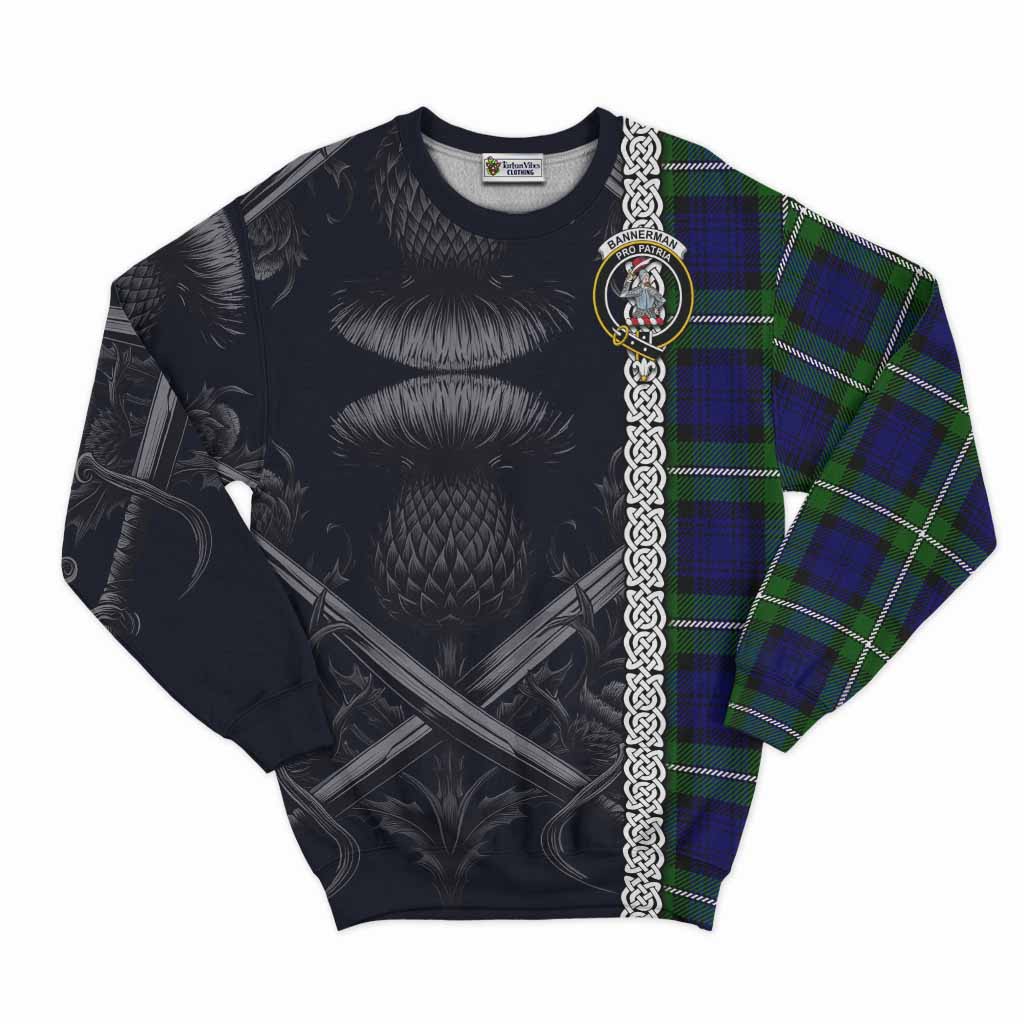 Bannerman Tartan Sweatshirt with Family Crest Cross Sword Thistle Celtic Vibes Unisex - Tartan Vibes Clothing