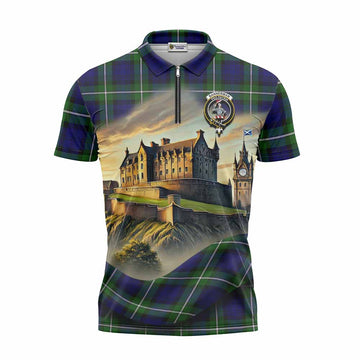 Bannerman Tartan Family Crest Zipper Polo Shirt with Scottish Ancient Castle Style Unisex - Tartan Vibes Clothing