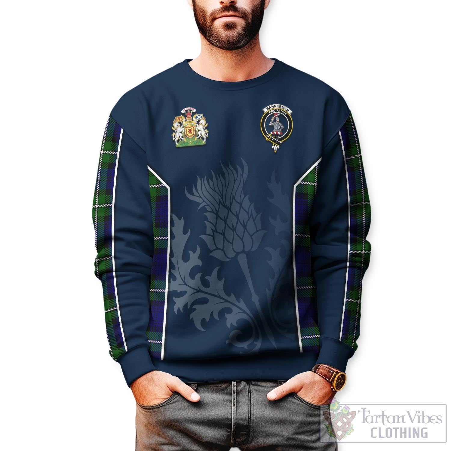 Bannerman Tartan Sweatshirt with Family Crest and Scottish Thistle Vibes Sport Style Unisex - Tartan Vibes Clothing