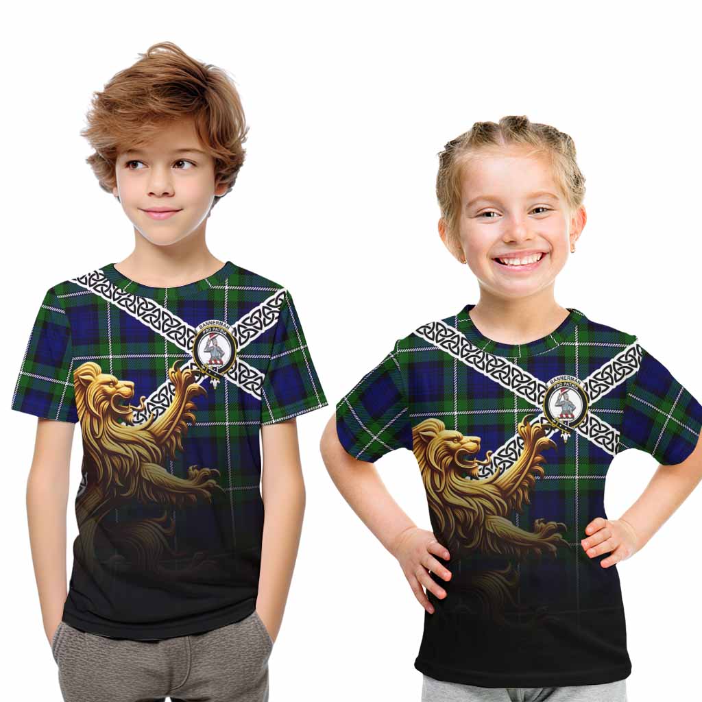 Bannerman Crest Tartan Kid T-Shirt with Golden Lion Emblem Celtic Style Youth XL Size14 - Tartan Vibes Clothing