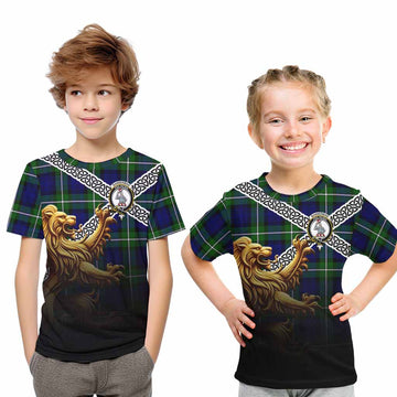 Bannerman Crest Tartan Kid T-Shirt with Golden Lion Emblem Celtic Style Youth XL Size14 - Tartan Vibes Clothing
