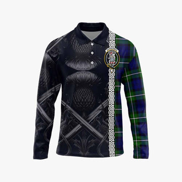 Bannerman Tartan Long Sleeve Polo Shirt with Family Crest Cross Sword Thistle Celtic Vibes Unisex - Tartan Vibes Clothing