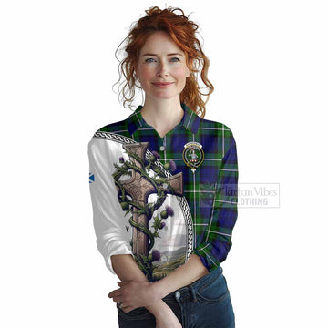 Bannerman Tartan Women's Casual Shirt with Family Crest and St. Andrew's Cross Accented by Thistle Vines Female - Tartan Vibes Clothing