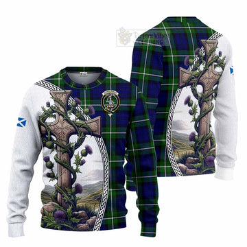 Bannerman Tartan Knitted Sweater with Family Crest and St. Andrew's Cross Accented by Thistle Vines Unisex - Tartan Vibes Clothing