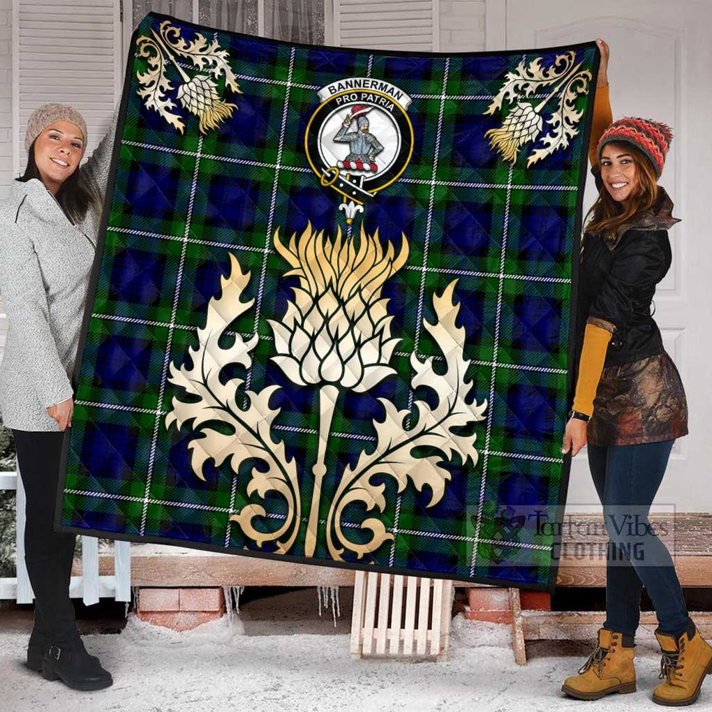 Bannerman Tartan Quilt with Family Crest and Golden Thistle Style Super King Quilt 91" x 110" - Tartan Vibes Clothing