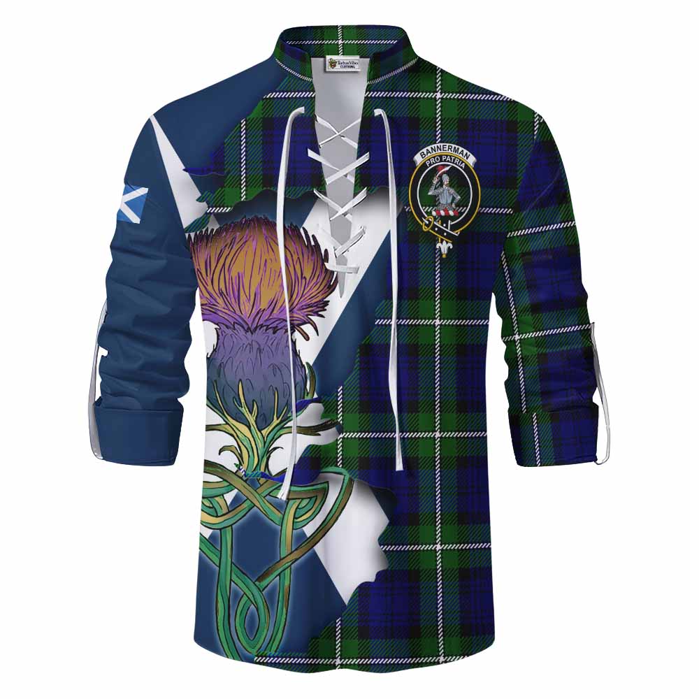 Tartan Vibes Clothing Bannerman Tartan Family Crest Ghillie Kilt Shirt Scottish Thistle Celtic Inspired