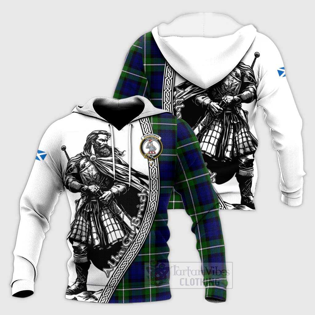 Bannerman Tartan Clan Crest Knitted Hoodie with Highlander Warrior Celtic Style Unisex Knitted Pullover Hoodie - Tartan Vibes Clothing