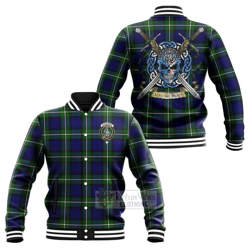 Bannerman Tartan Baseball Jacket with Family Crest Celtic Skull Style Unisex - Tartan Vibes Clothing