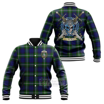 Bannerman Tartan Baseball Jacket with Family Crest Celtic Skull Style Unisex - Tartan Vibes Clothing