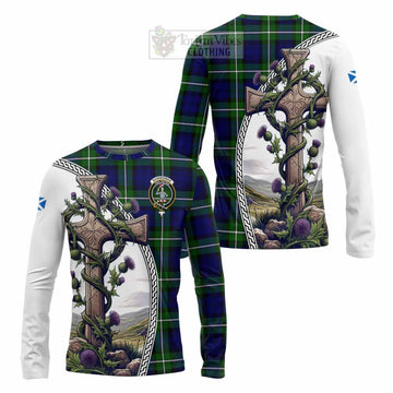 Bannerman Tartan Long Sleeve T-Shirt with Family Crest and St. Andrew's Cross Accented by Thistle Vines Unisex - Tartan Vibes Clothing