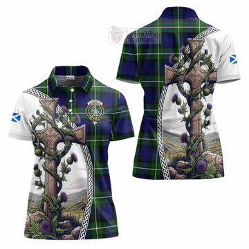 Bannerman Tartan Women's Polo Shirt with Family Crest and St. Andrew's Cross Accented by Thistle Vines Women - Tartan Vibes Clothing