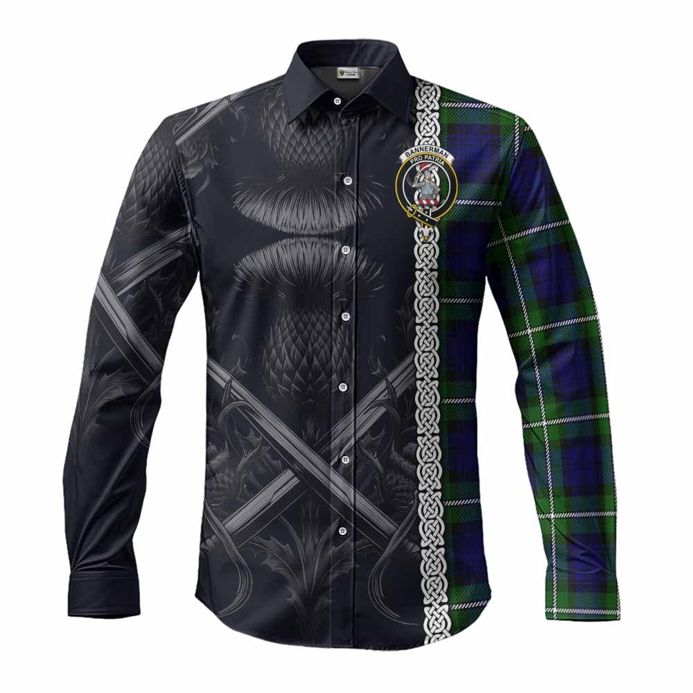 Tartan Vibes Clothing Bannerman Tartan Long Sleeve Button Shirt with Family Crest Cross Sword Thistle Celtic Vibes