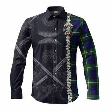 Tartan Vibes Clothing Bannerman Tartan Long Sleeve Button Shirt with Family Crest Cross Sword Thistle Celtic Vibes